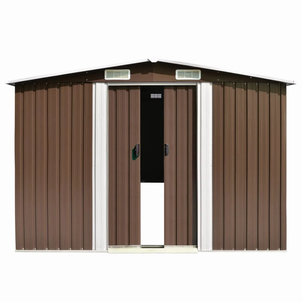 Casetta da giardino cabina ripostiglio casetta da esterno robusta casetta per attrezzi 257 x 298 x 178 cm metallo marrone 02_0022164
