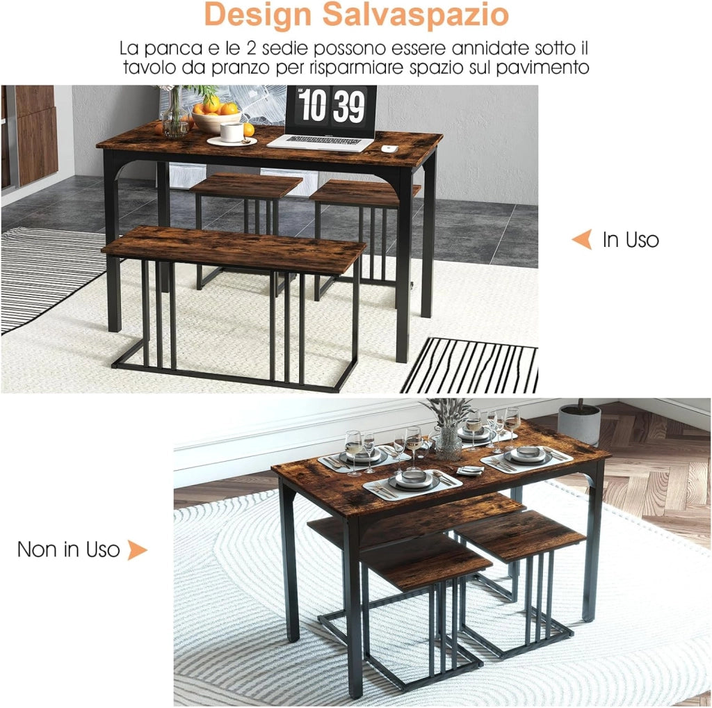 Set Tavolo da Pranzo 4 Pezzi 120x60x75cm, Tavolo da Cucina con 2 SgabellI e Panca in Stile Industriale per Sala da Pranzo, Bar e Ristorante (Marrone)