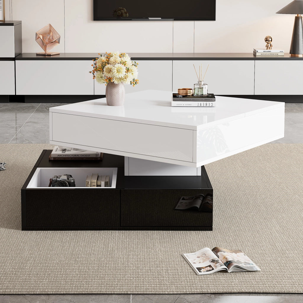 Tavolino da caffè alzabile con piano girevole a 360° e 3 cassetti; vano aperto; finitura lucida; soggiorno; 70 × 70 × 40 cm