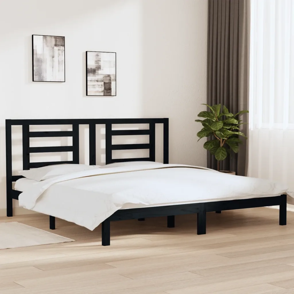 Letto matrimoniale | Letto per adulti | Giroletto Nero in Legno Massello di Pino 200x200 cm