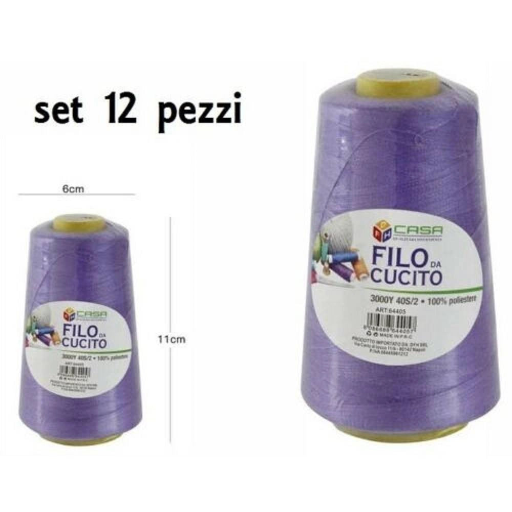 Trade Shop - Set 12 Pz Filati A Cono Filo Poliestere Cucito 3000y 40s/2 Viola Gomitolo Cotone -