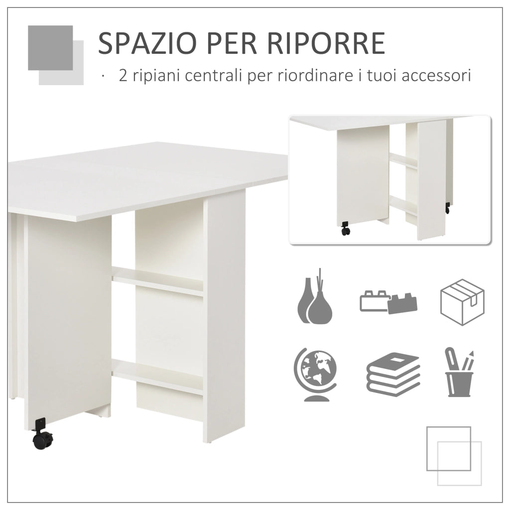 EasyComfort Tavolo Pieghevole Salvaspazio, 2 Ripiani Inferiori in Legno, Tavolo Richiudibile Salvaspazio, con Ruote per 6 Persone, 75P x 140l x 74H cm, Bianco