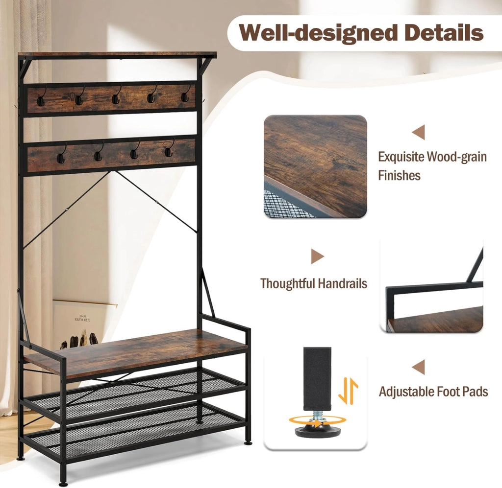 Porta Abiti 4-in-1, Albero da Ingresso Autoportante con Scaffale per Scarpe e 11 Ganci, Struttura in Metallo e Kit Antiribaltamento, Organizzatore per Soggiorno Industriale con Panca (Marrone)