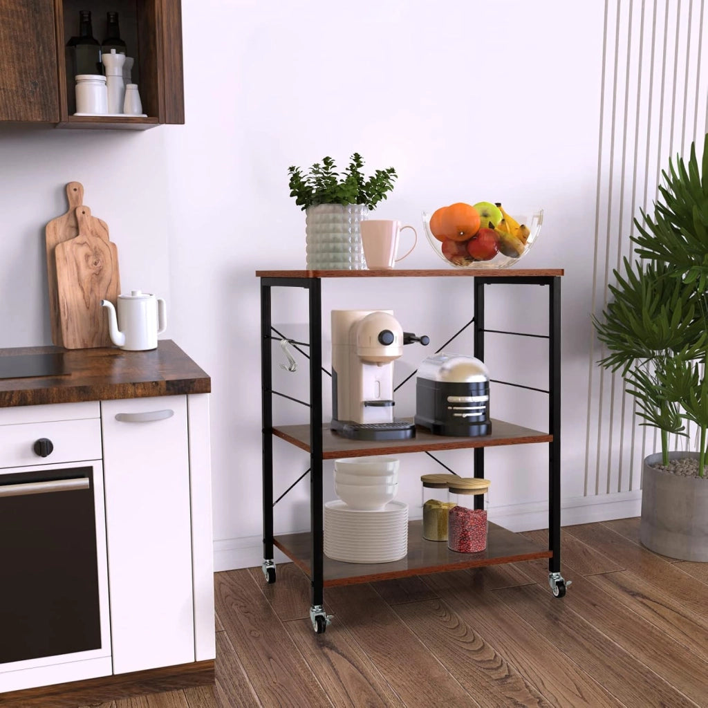 Carrello da Cucina a 3 Livelli con Ripiani Regolabili, Carrello Portaoggetti con 10 Ganci Rimovibili, per Supporto per Microonde, per Cucina e Sala da Pranzo, 60 x 40 x 73 cm (Marrone)