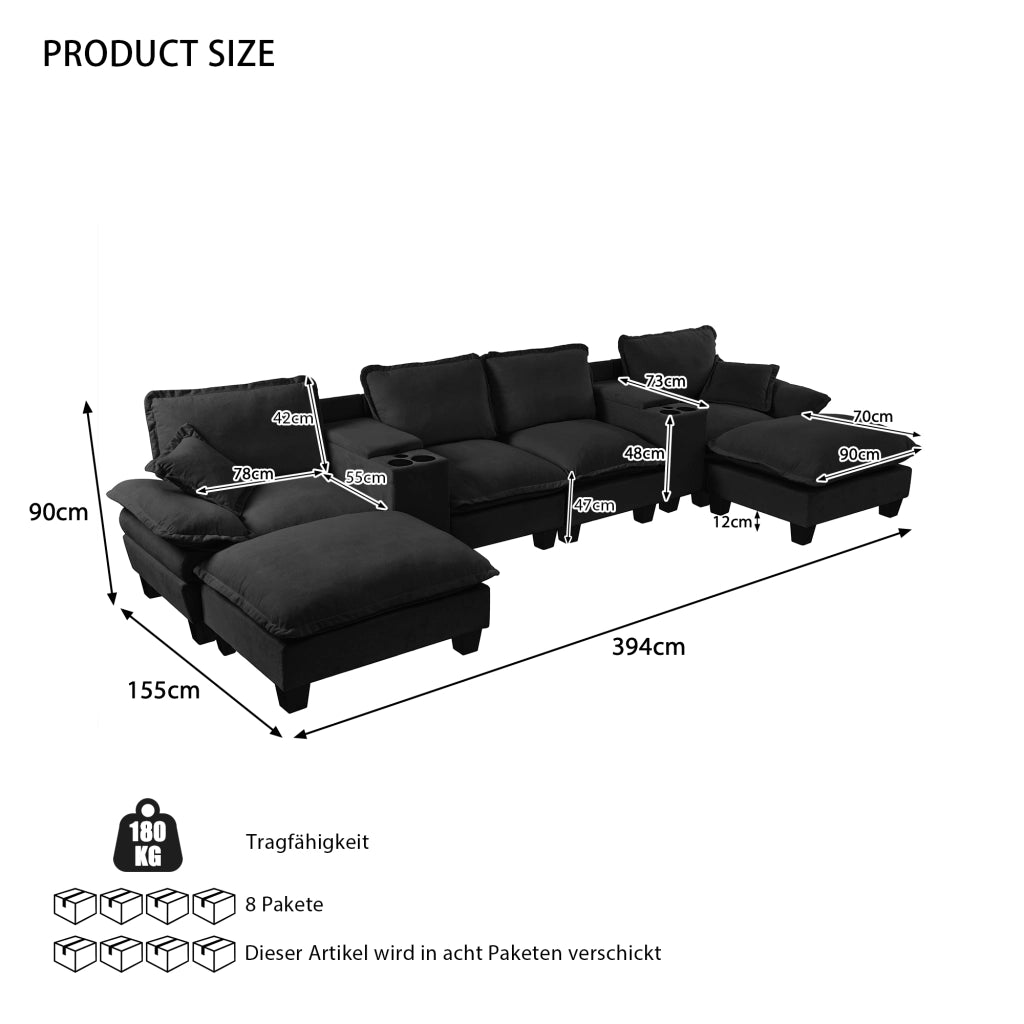 Divano panoramico a U modulare con contenitore USB portabicchieri e 2 poggiapiedi in ciniglia nero