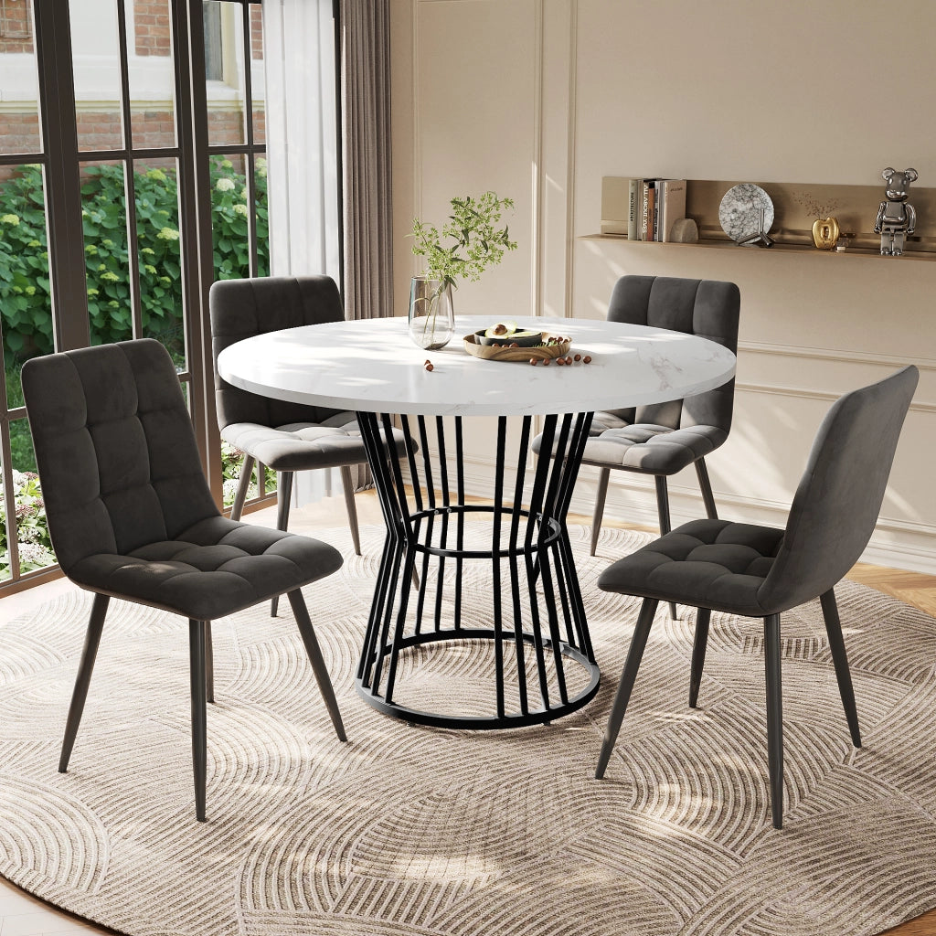 Tavolo da pranzo per 4 persone con 4 sedie, piano rotondo effetto marmo, struttura in metallo, multicolore