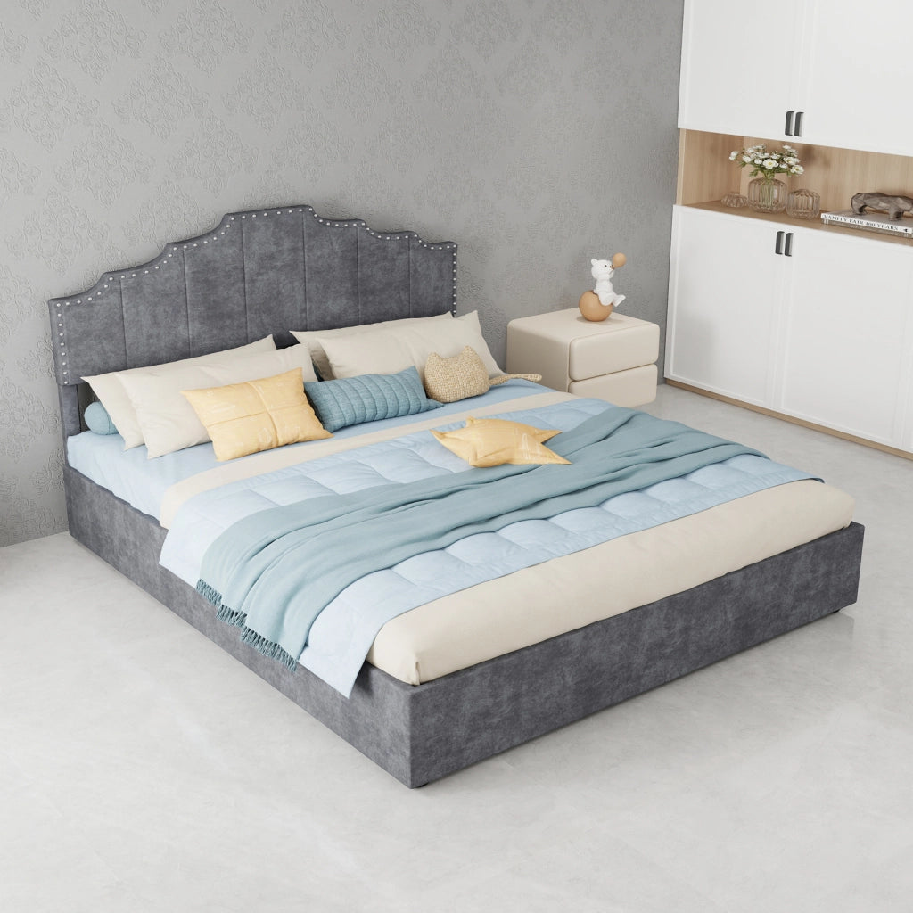 DESMIU Letto matrimoniale 160 × 200 cm in tessuto e metallo, testiera geometrica, senza materasso, grigio