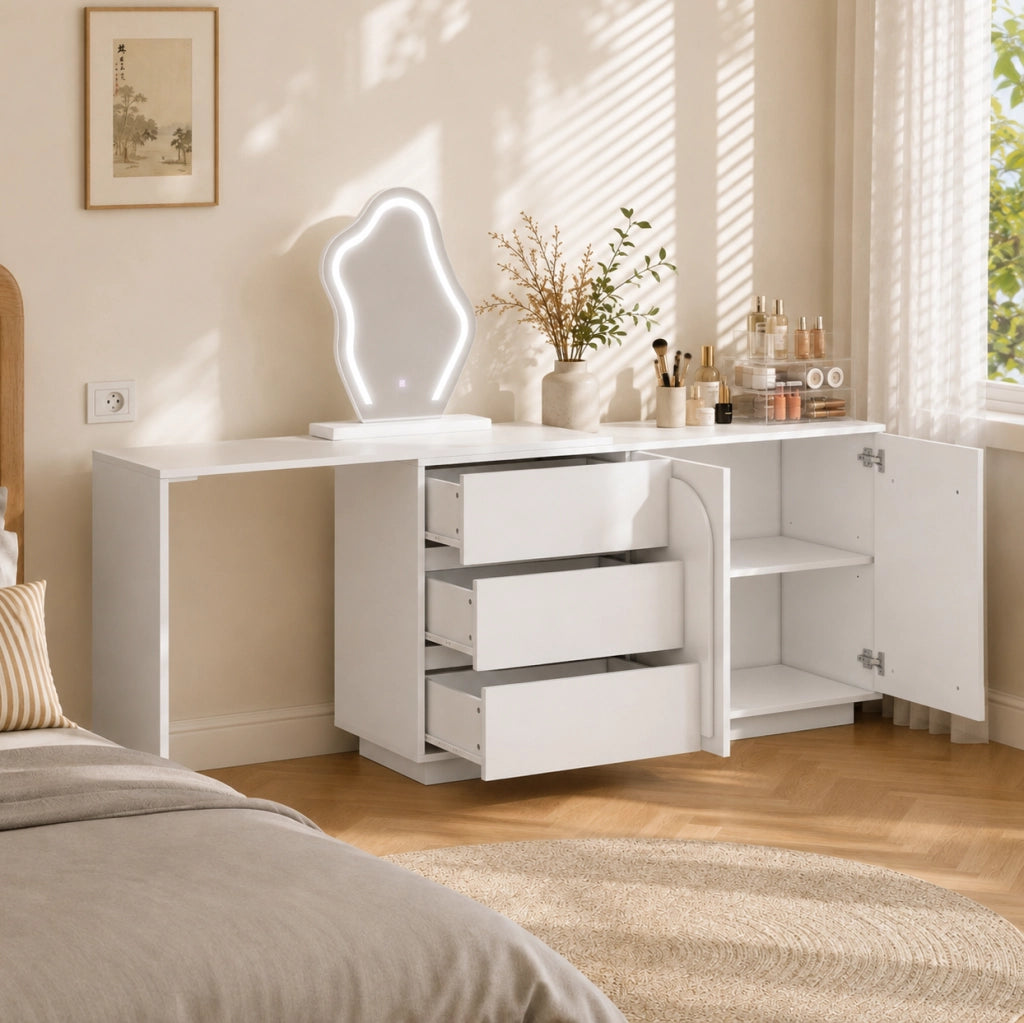 Toeletta 140x40x75 cm con specchio LED a 3 tonalit¨¤ e piano estraibile bianca