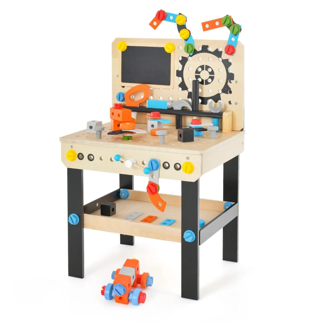 Banco da lavoro giocattolo in legno per bambini 46 x 37 x 72 cm con 6 attrezzi e lavagna design educativo realizzato in compensato colorato 20_0018239