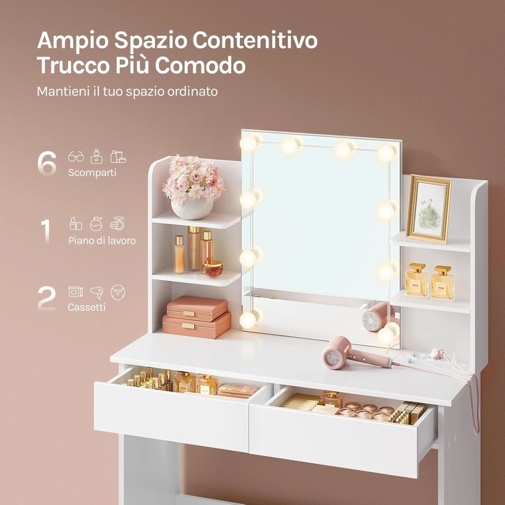 Toeletta da Trucco con Specchio LED, con 2 Prese di Corrente, Postazione Trucco con 2 Cassetti 4 Ripiani, Bianco, 90x135x40 cm, MB6123ws