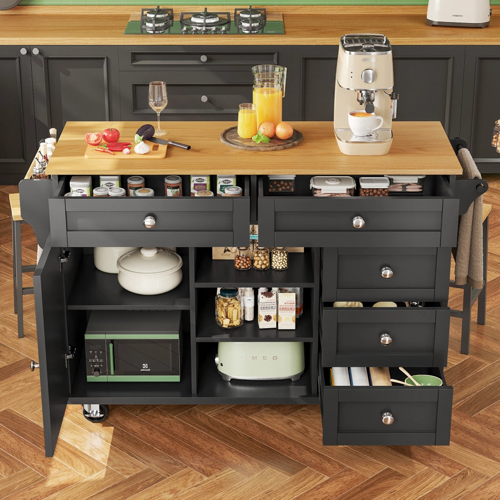 OKWISH Carrello da cucina con 5 cassetti, 1 armadietto, 2 vani, ripiano regolabile e ruote, per cucina, 134×46×92 cm