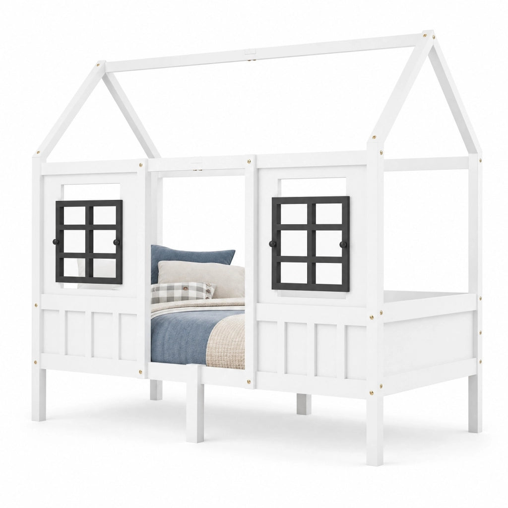 Letto a casetta per bambini con 2 finestre, struttura in pino e MDF, bianco, 200x90 cm