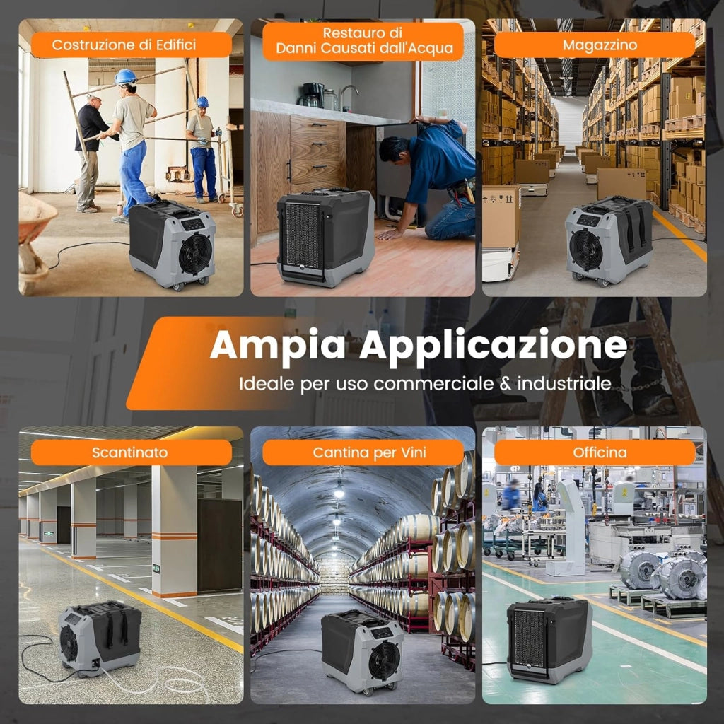 Deumidificatore Commerciale 85 L/Giorno, Deumidificatore con Pompa e Tubo di Scarico, Sbrinamento Automatico, 2 Ruote e Maniglia Pieghevole, Timer 24H, per Cantina Magazzino (Nero)