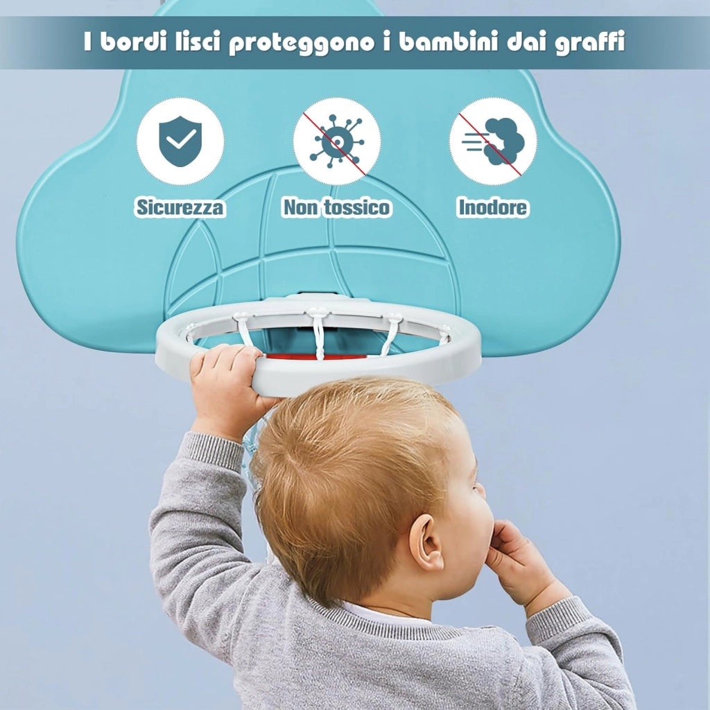 Basket per Bambini Centro Attività Multifunzione - Palla Canestro, Calcio e Golf, Mazza da Golf e Palle incluese, per Bambini, Altezza Regolabile (Nuvola Verde)