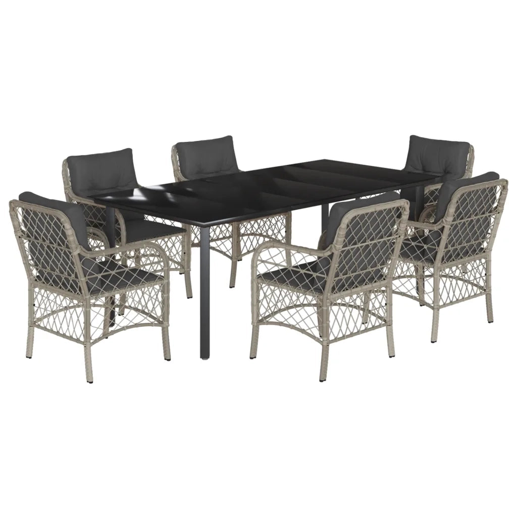 Set da Pranzo da Giardino 7 pz Cuscini Polyrattan Grigio Chiaro