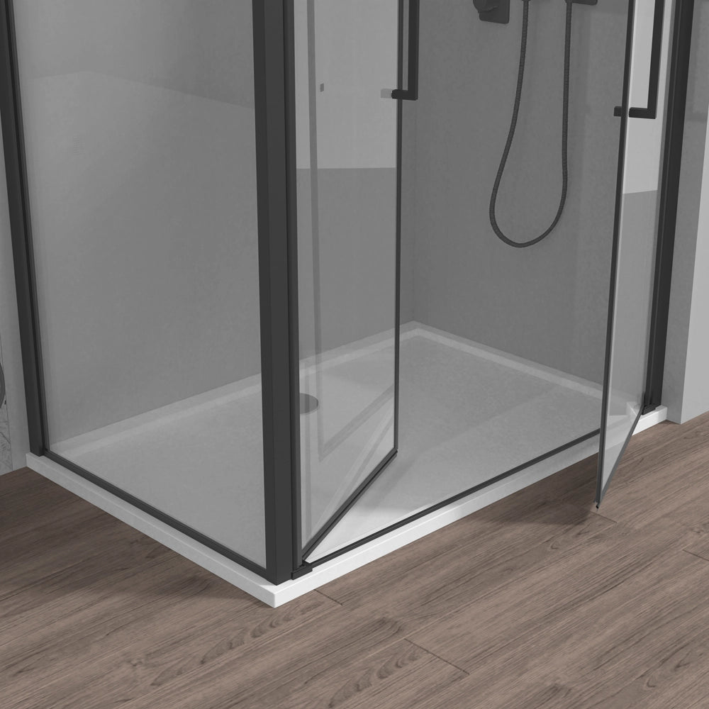 Box doccia angolare 80x80 con apertura saloon in vetro temperato trasparente con profili nero opaco Neos