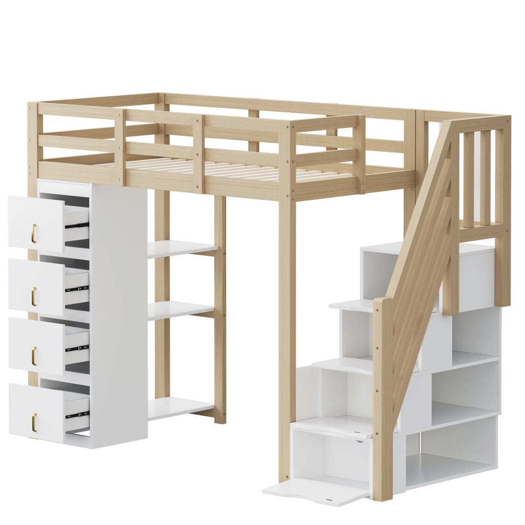 Letto a soppalco singolo 90×200 cm con 4 cassetti; ripiani e scala; senza materasso; legno naturale