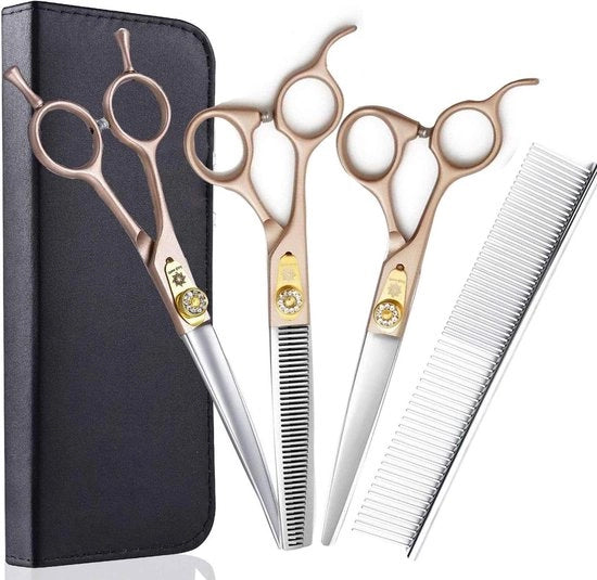 Kit di Taglio per Animali da Compagnia - Acciaio 440C Giapponese - Tagliapelo Diritti, Curvi, Fini e Spessi - Set a Tre Pezzi per Tagliare il Pelame degli Animali Domestici (Cani, Gatti e Altri)