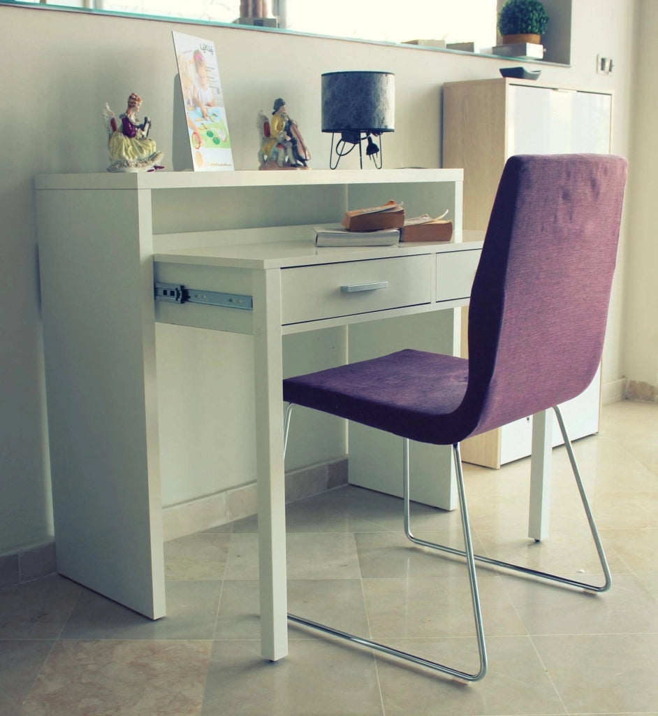 Consolle Andriy, Scrivania con piano estensibile, Scrittoio porta PC con 2 cassetti, cm 99x36h88, Bianco