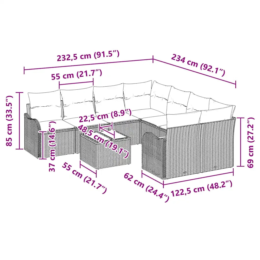 Set Divano da Giardino con cuscino 9 pcs Beige polyrattan 3345641