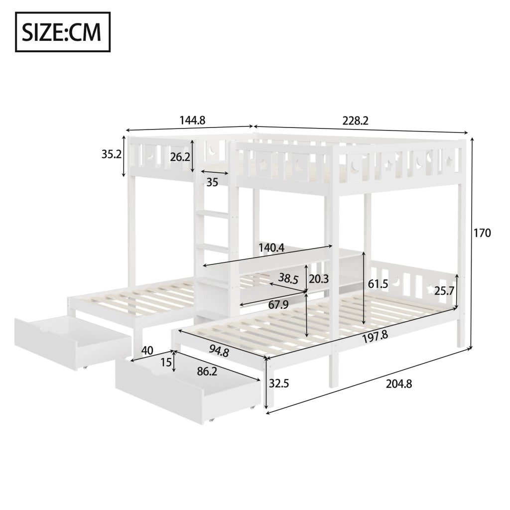 Letto a Soppalco con Scala, Cassetti e Contenitore ¨C MINIMAL ¨C Massello Bianco 90x200 / 140x200