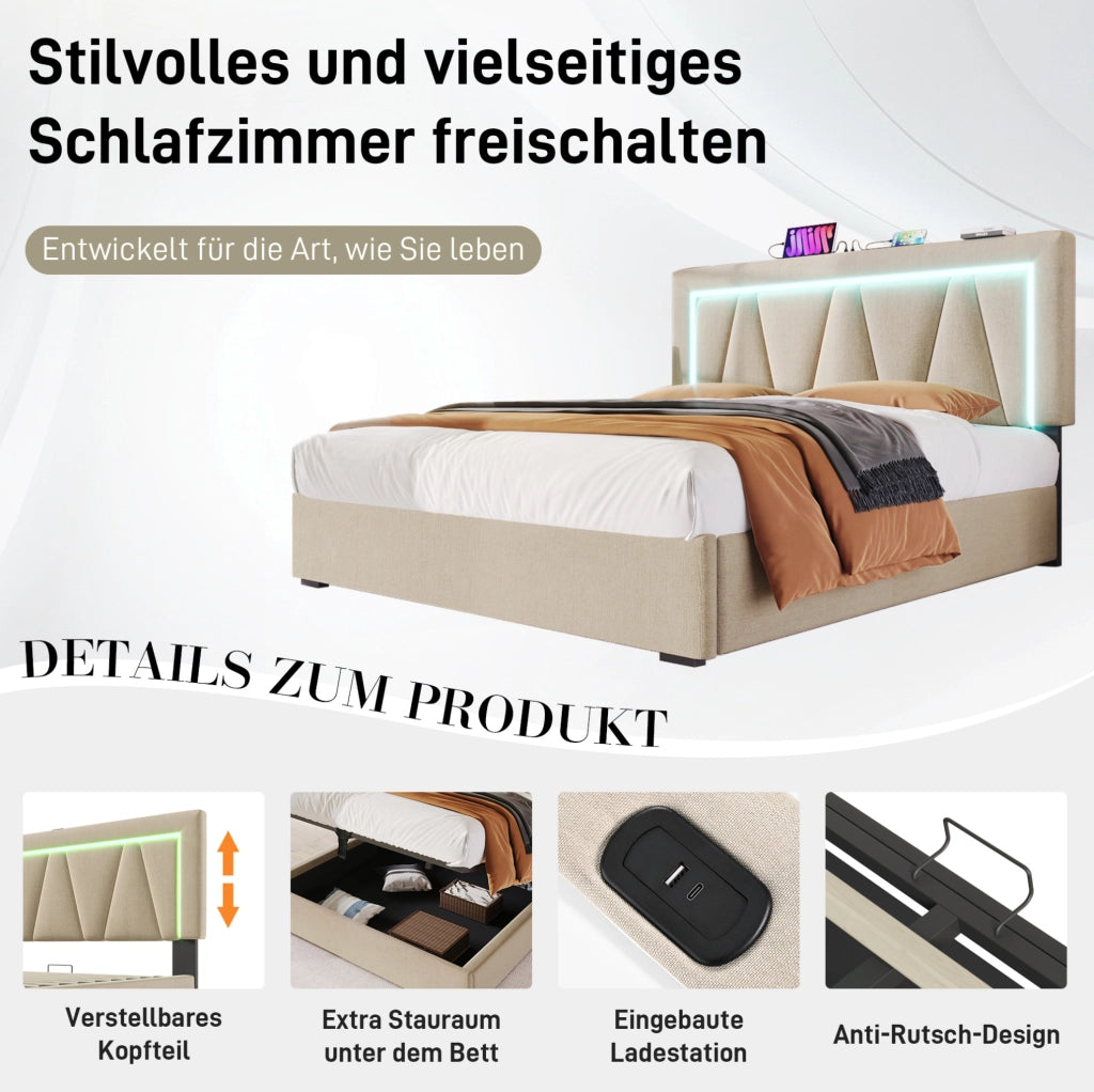 Letto matrimoniale 140x200 beige con LED, USB-C e contenitore