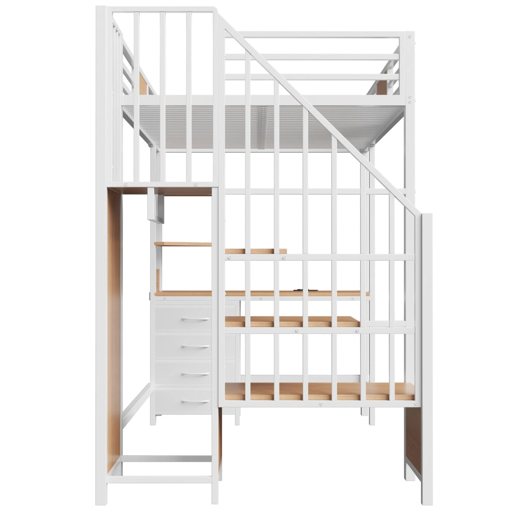 Hochbett con scrivania 90x200 cm in metallo bianco; con ripiani; asta appendiabiti; LED e presa