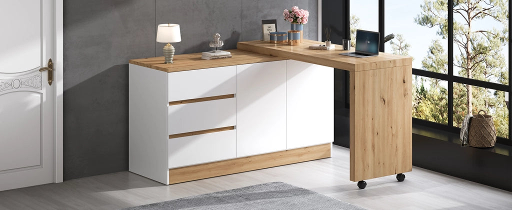 Scrivania pieghevole multifunzionale con 2 ante e 3 cassetti, girevole, per home office, bianco e rovere, 120 × 50 × 78 cm