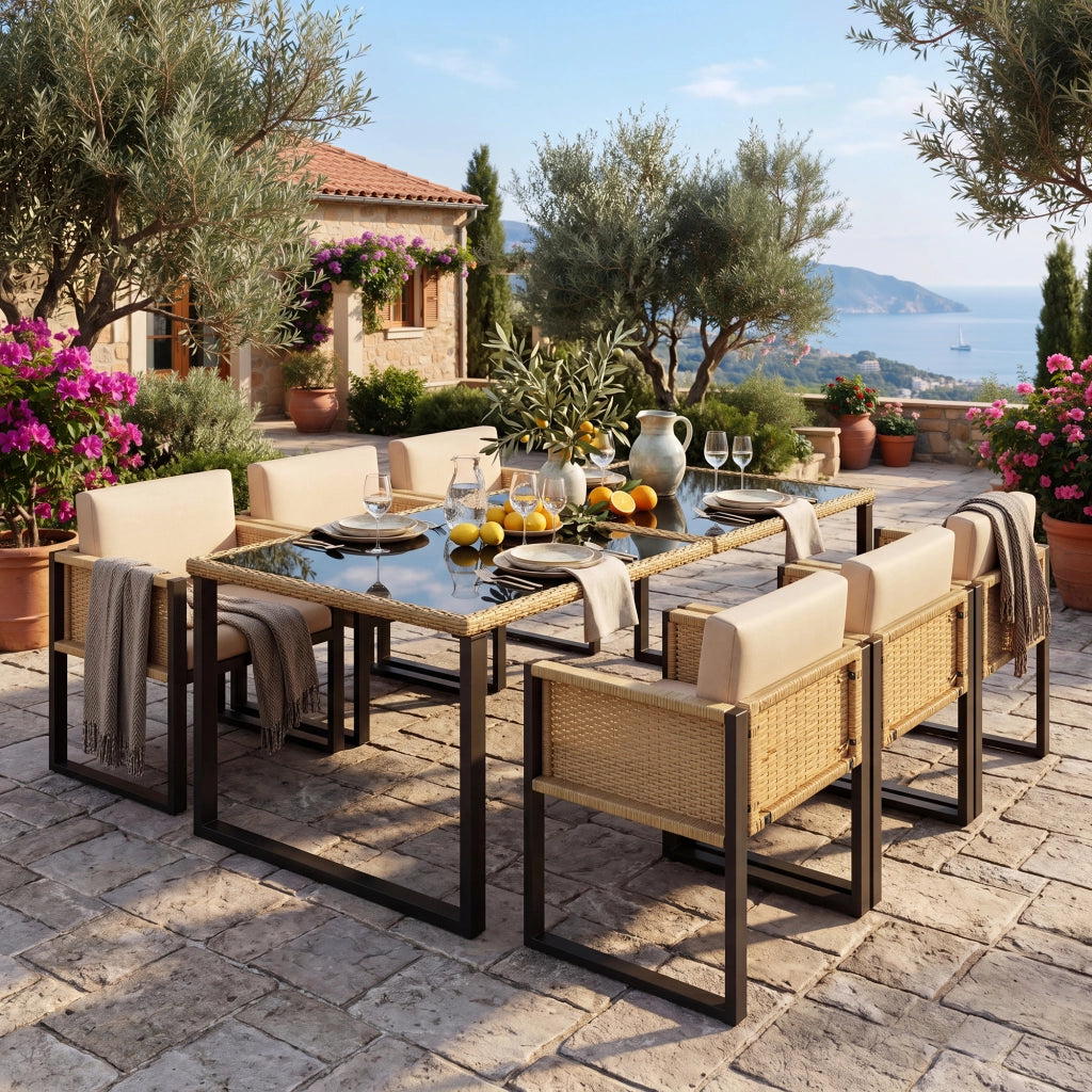 Set tavolo e sedie da giardino per 6 persone in rattan e tessuto nero marrone con vetro temperato