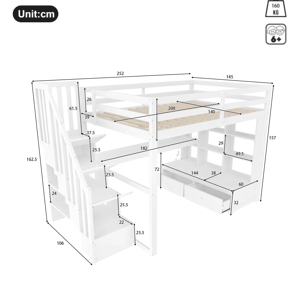 Letto a castello bianco con scrivania e scaffali in MDF e pino 140x200 cm