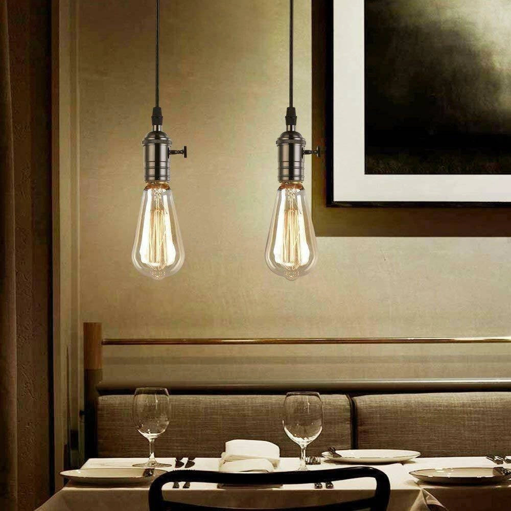 Trade Shop - Lampadario Pendente Vintage Da Soffitto Sospensione E27 Con Interruttore Nero Metal -