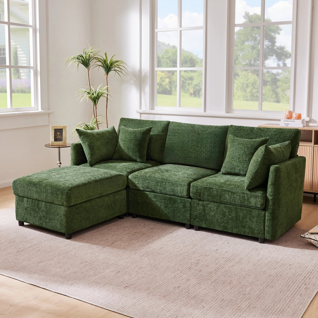 Divano angolare modulare con pouf mobile e 4 cuscini in chenille per soggiorno e ufficio verde 216 × 161 × 81 cm