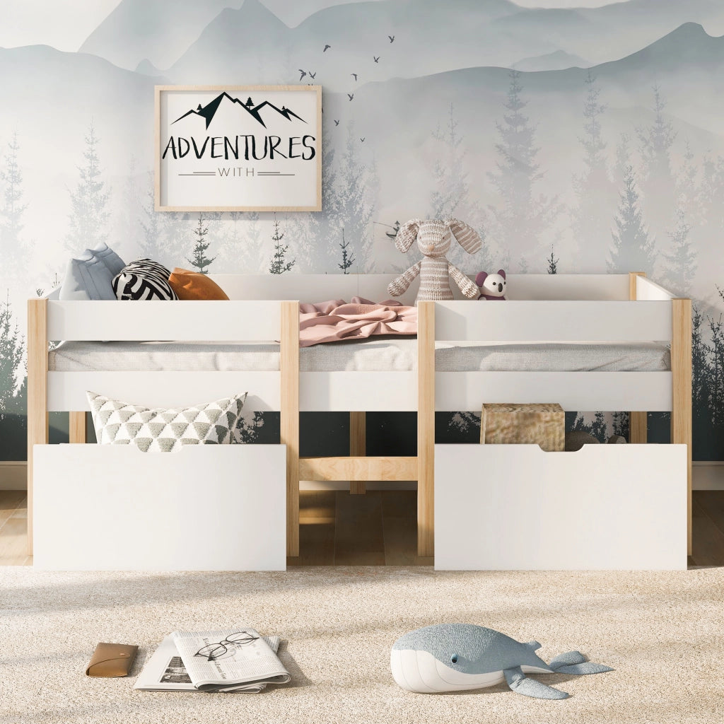 Letto bambino con cassetto e protezione anticasco in legno massello di pino bianco e rovere 90x190 cm