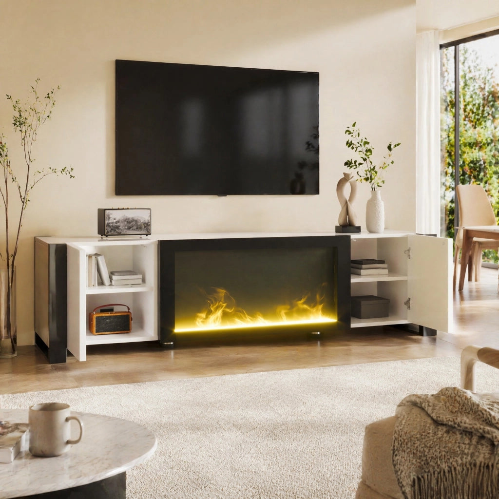 TV-Schrank moderno con camino elettrico decorativo, finitura lucida bianco e nero, 165 x 55 x 32 cm