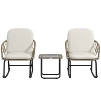 Set di 2 Sedie a Dondolo con Tavolino in Stile Boho, in PE Rattan, Resistente alle Intemperie, Crema
