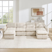 Divano modulare senza struttura in chenille beige; 334 × 160 × 68 cm