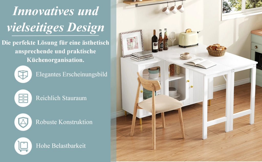 Sideboard moderno bianco con piano estensibile, ante scorrevoli in vetro e gambe metalliche dorate