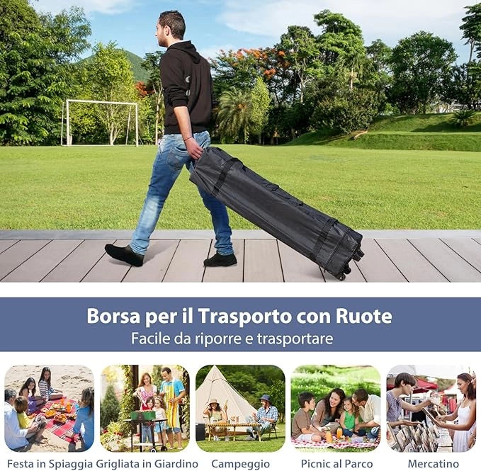 Gazebo Pop-up da Esterno 302 x 302 cm, Gazebo Pieghevole con 4 Pareti Laterali, Rete a Maglia, Borsa con Ruote, 8 Picchetti e 4 Corde Antivento, Tendone Impermeabile per Spiaggia e Cortile