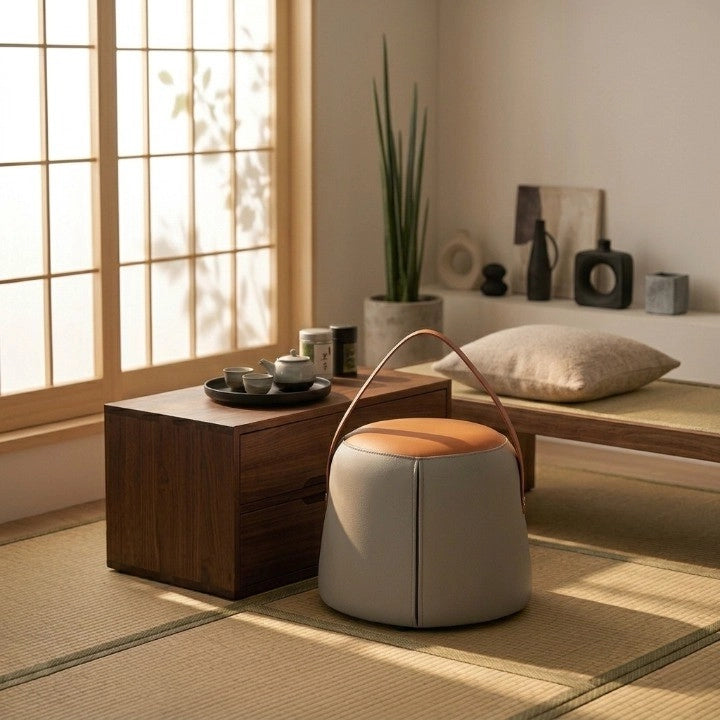 Pouf moderno con maniglia in PU, seduta imbottita grigio e arancione, multifunzionale
