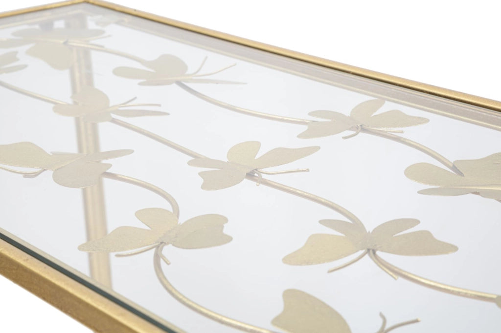 Consolle in metallo dorato, piano in vetro con farfalle 100x35x80cm