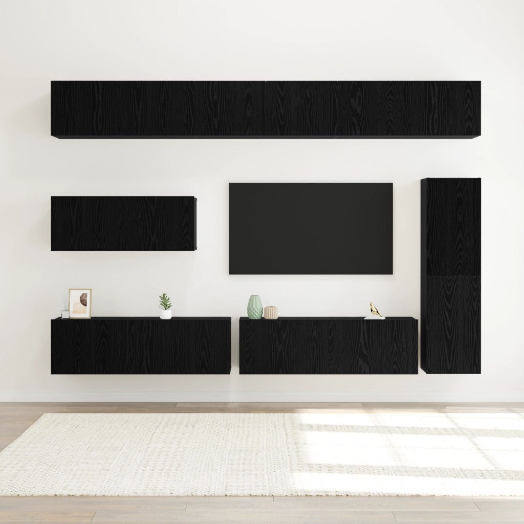 Set di mobili TV da 7 pezzi montato a parete in rovere nero in legno ingegnerizzato