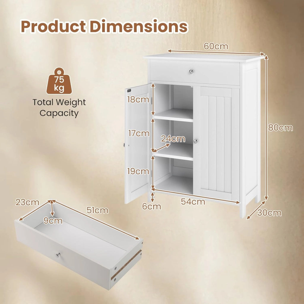 Armadietto bagno autoportante con 2 ante, 1 cassetto e 3 ripiani regolabili, mobiletto base per soggiorno, ingresso, cucina, 60 x 30 x 80 cm (bianco)