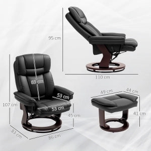 Poltrona relax girevole con poggiapiedi, funzione reclinabile, rivestimento in pelle rigenerata nera