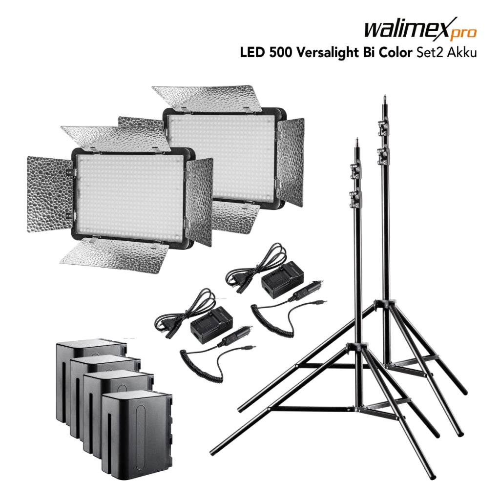 walimex pro LED Versalight 500 Bi Colour Set di 2 - composto da 2 luci a pannello, 2 treppiedi per lampade fino a 260 cm e 4 batterie ricaricabili