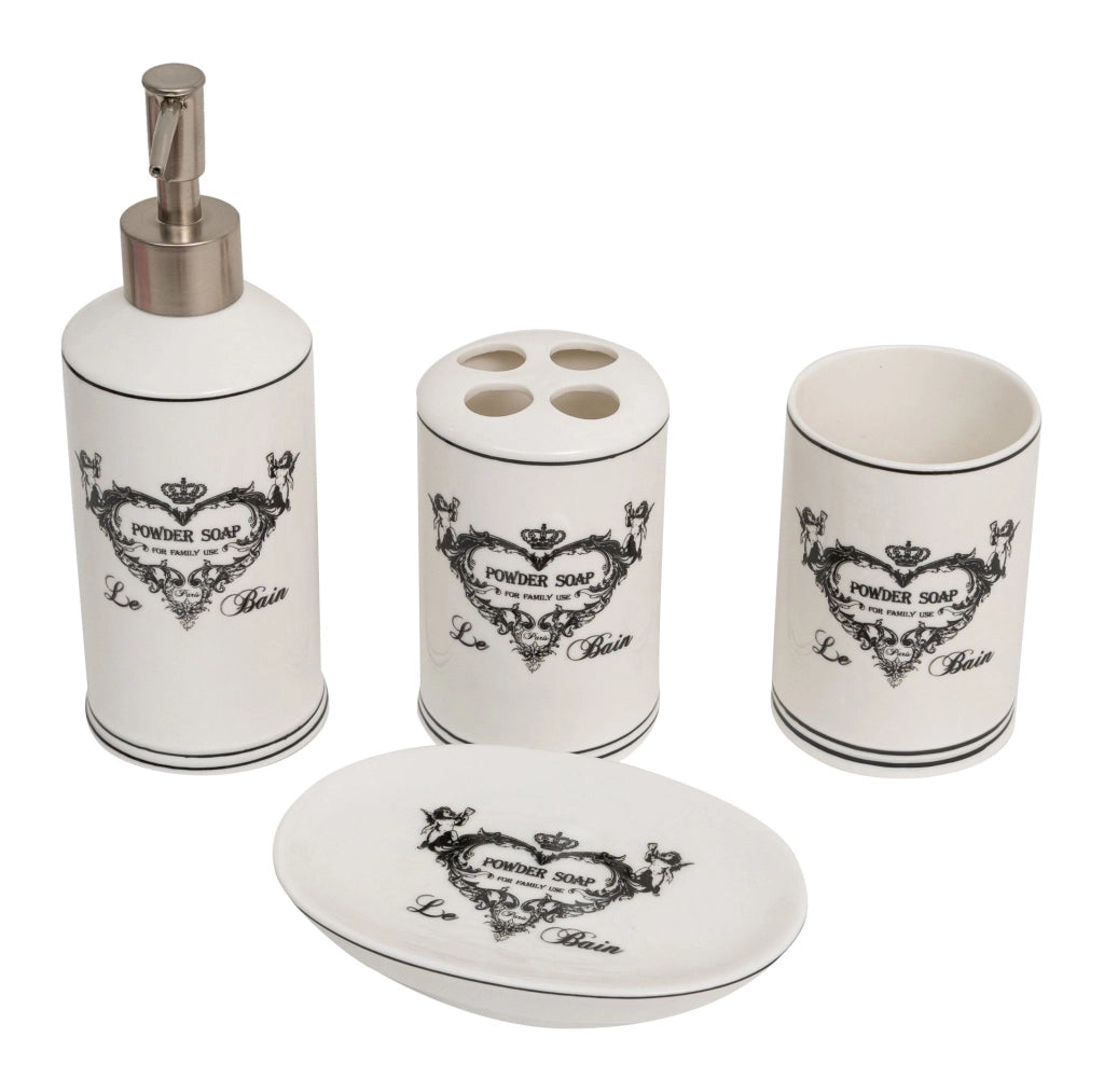 Biscottini Set bagno "Powder Soap" 4 pezzi in porcellana bianca decorata fine composto