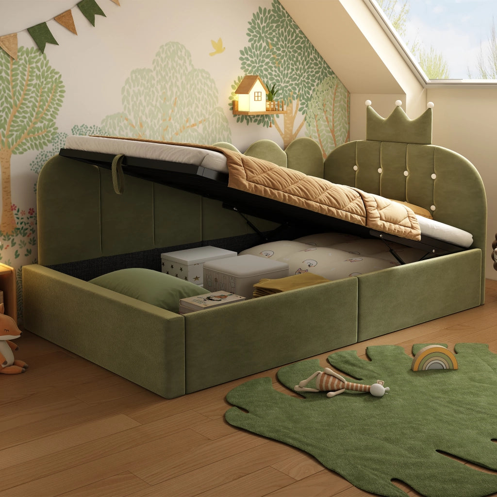 Divano letto contenitore 90 × 200 cm con sollevamento idraulico, senza materasso, in velluto verde