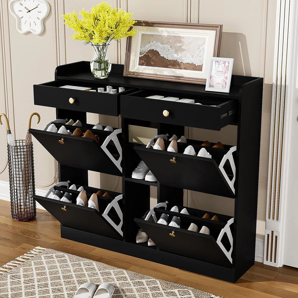 Armadio per scarpe elegante nero - Xylo - 110x26x100 cm - 4 ante, 2 cassetti, 3 scomparti aperti
