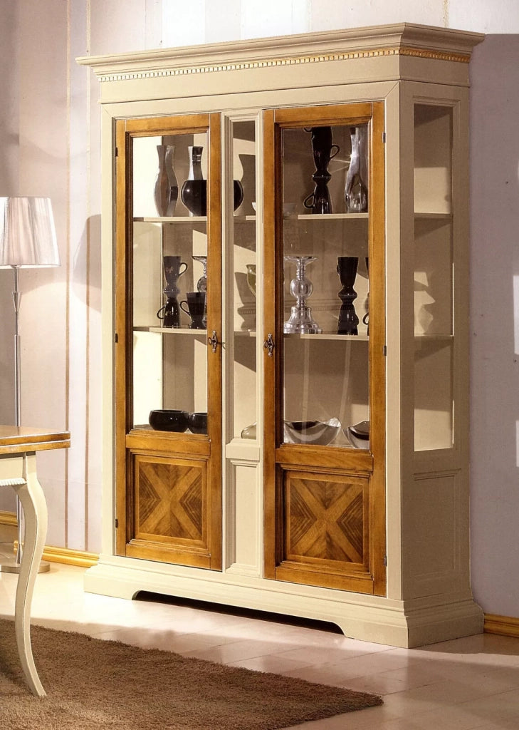 Vetrina 2 porte in legno classica avorio noce 146x53x213 - Mobili 2G