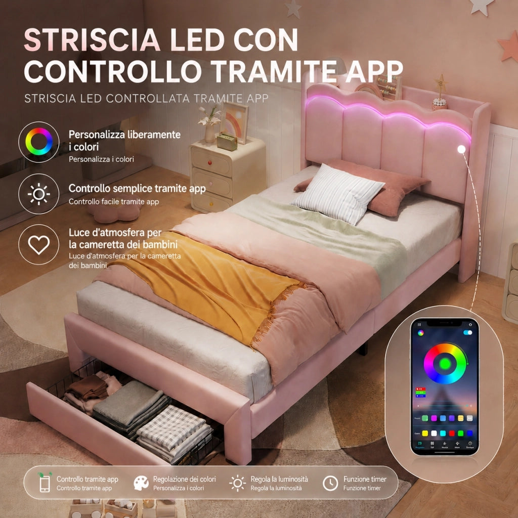 Letto imbottito per bambini 90x200 cm con cassetto e LED; velluto rosa