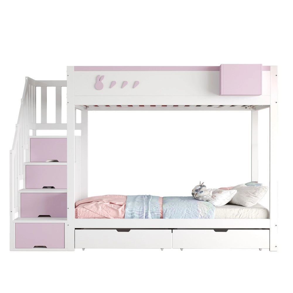 Letto a Castello Singolo con Cassetti e Doghe ¨C MINIMAL ¨C Bianco e Rosa, 90x200
